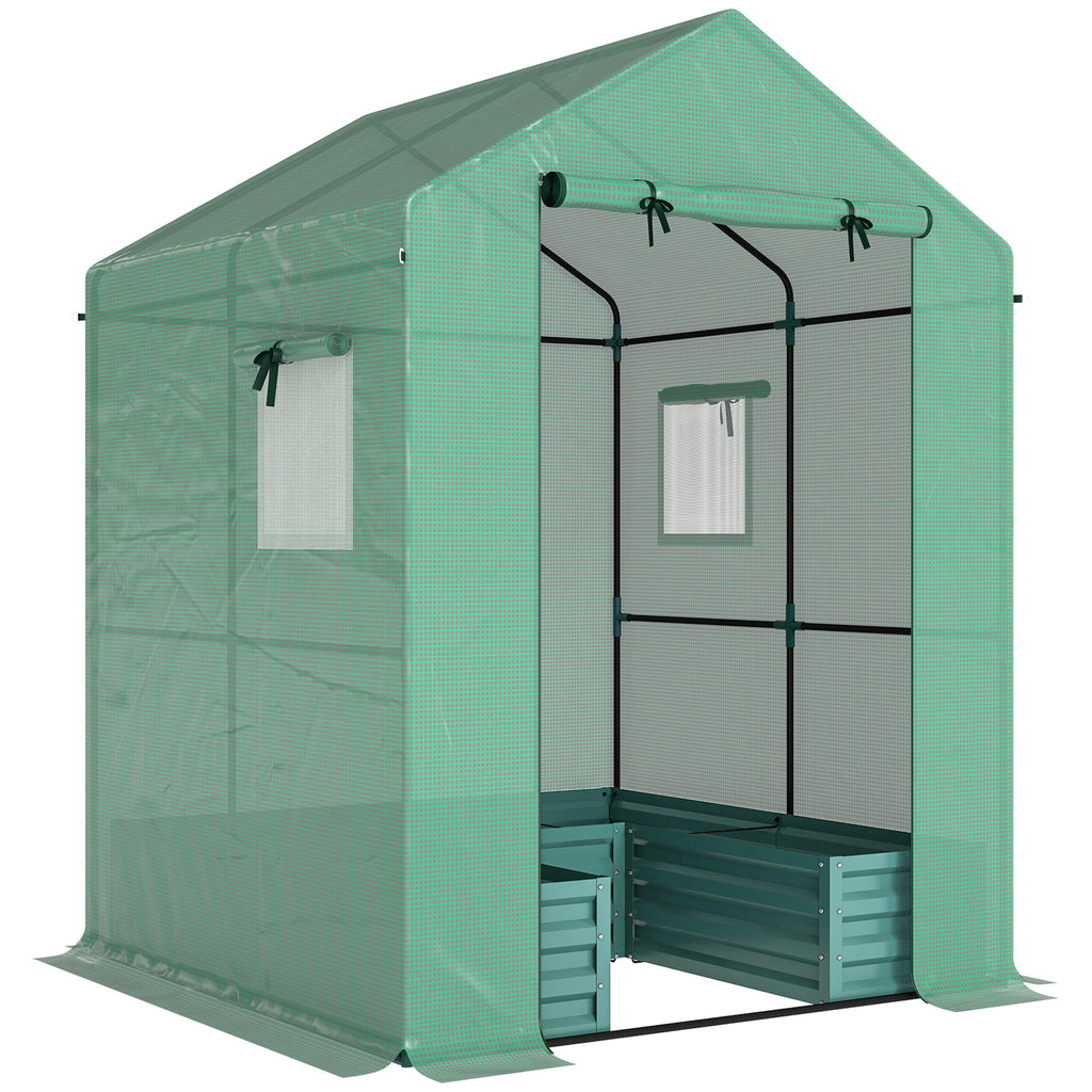 Outsunny Small Greenhouse with Raised Garden Bed, Galvanised Walk-in Greenhouse with Roll Up Windows, 141 x 141 x 190 cm, Green