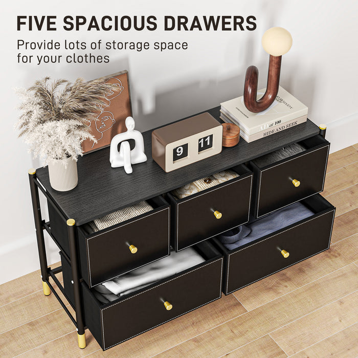 HOMCOM Chest of Drawers, 5 Drawer Fabric Dresser with PU Leather Surface, Steel Frame, Storage Organizer Unit for Bedroom, Living Room, Hallway, Closet, Easy to Assemble, Black