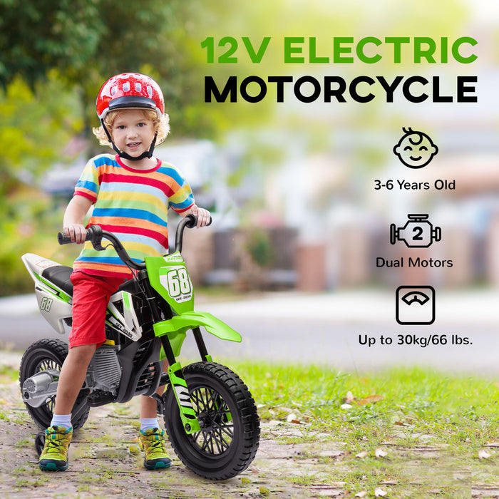AIYAPLAY 12V Kids Electric Motorbike, Kids Electric Ride on Motorcycle w/ Twist Grip Throttle, Training Wheels - Green | Aosom UK