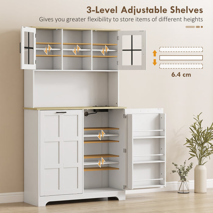 HOMCOM 175cm Tall Kitchen Cabinet, Kitchen Cupboard with Rubbish Bin Cabinet, 3 Door Shelves and 2 Acrylic Doors, White
