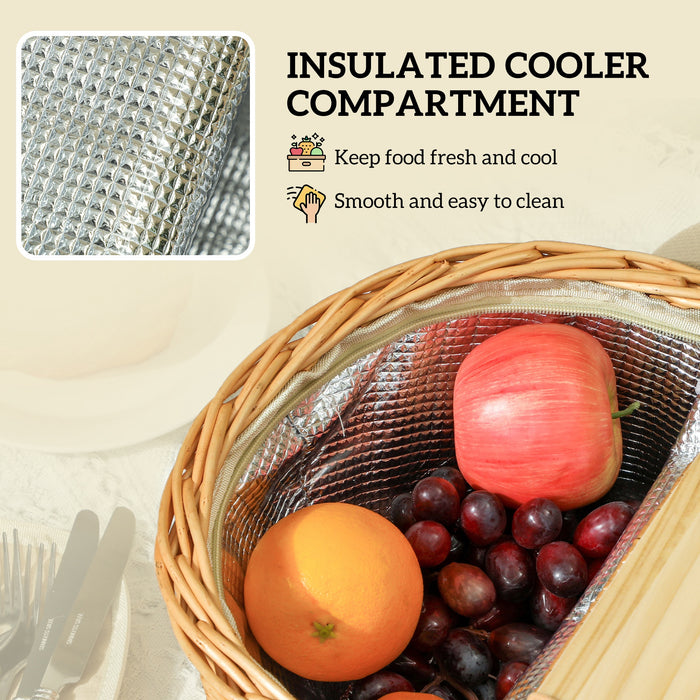 Outsunny Wicker Picnic Basket for 2 with Pine Wood Lid, Picnic Hamper with Cooler Compartment, Cutlery Service Kits, Carry Handle for Camping, Outdoor, Valentine Day, Chirtmas, Birthday, Light Brown