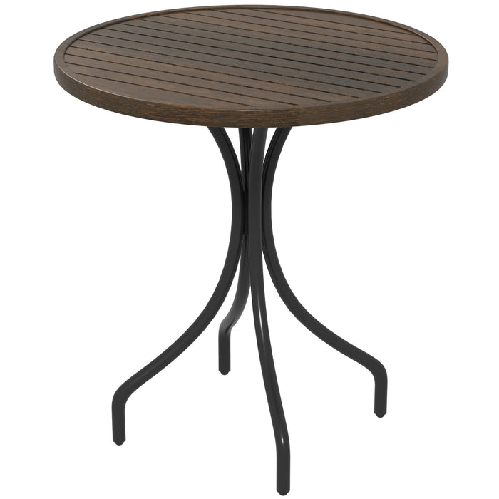 Outsunny Φ66cm Garden Side Table, Round Bistro Coffee Table, Outdoor Patio Table with Steel Frame and Slat Tabletop for Balcony and Porch, Brown Wood Grain