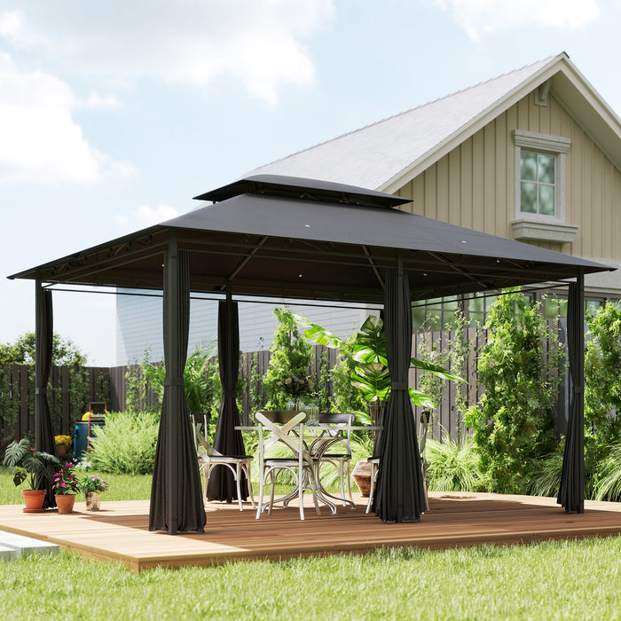 Outsunny 4m x 3(m)Garden Gazebo, Double Roof Outdoor Gazebo Canopy Shelter with Curtains, Solid Steel Frame for Patio, Garden, Black