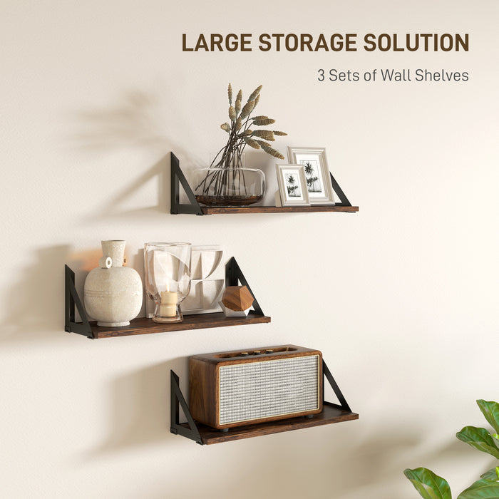 HOMCOM Set of 3 Wall Mounted Floating Shelves, Vintage Wall Shelves for Living Room, Entryway, Bedroom, Rustic Brown