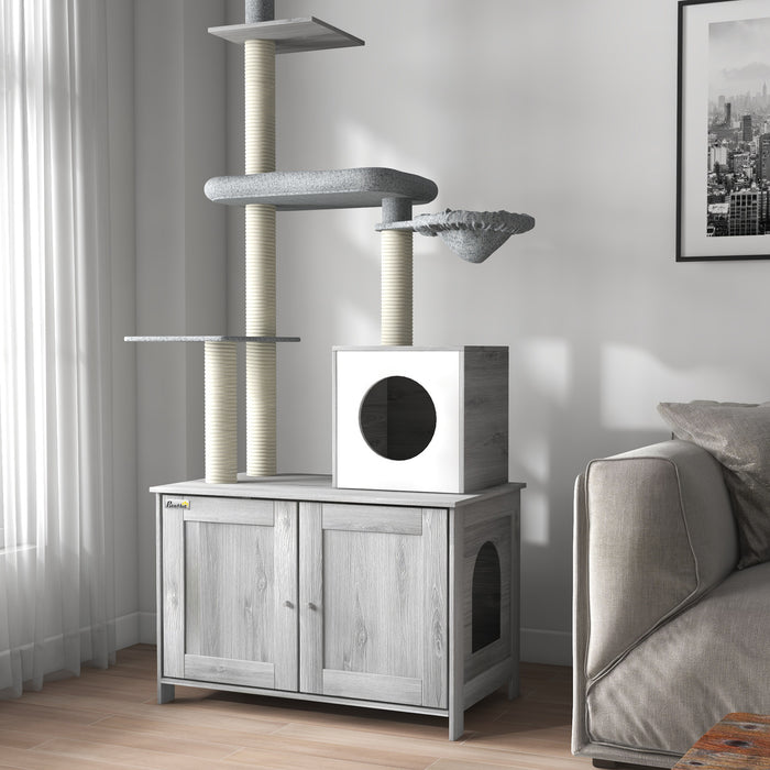 2 in 1 Cat Tree and Concealed Litter Box Furniture - Multi-Level Kitty Playhouse with Bed, Hammock, Scratch Posts & Platforms - Stylish Indoor Cat Tower for Play, Sleep & Privacy