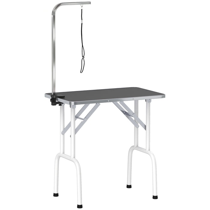 PawHut 32" Foldable Dog Grooming Table Pet Drying Beauty Table Adjustable Fixed Arm Rubber Top, Black