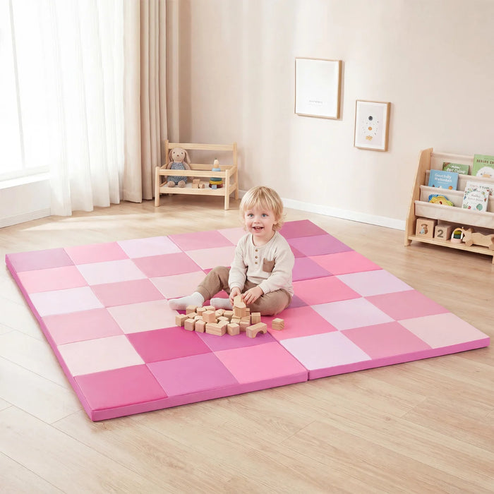 Foldable Patchwork Toddler Activity Mat with Waterproof Faux Leather-