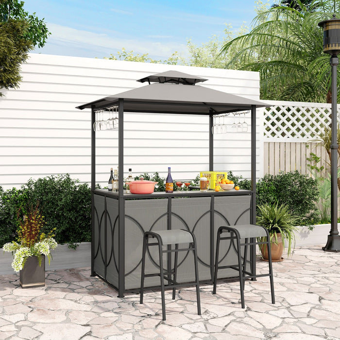 Grill Gazebo and 2 Bar Stools with Tempered Glass Bar Table for Patio Poolside Garden-