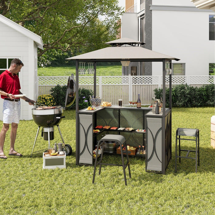 Grill Gazebo and 2 Bar Stools with Tempered Glass Bar Table for Patio Poolside Garden-