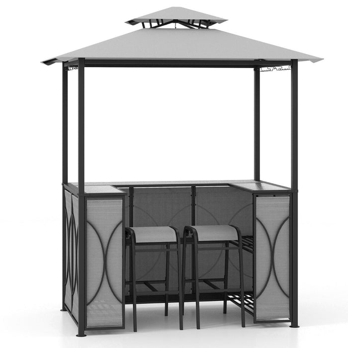 Grill Gazebo and 2 Bar Stools with Tempered Glass Bar Table for Patio Poolside Garden-