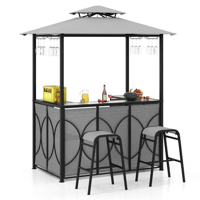 Grill Gazebo and 2 Bar Stools with Tempered Glass Bar Table for Patio Poolside Garden-