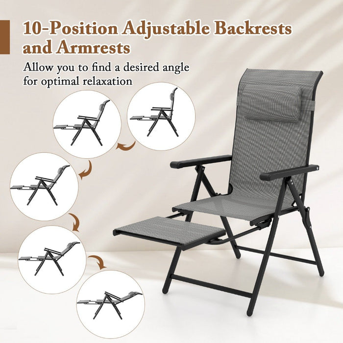 Folding Patio Chair with 10-Level Adjustable Backrest and Armrests-Grey
