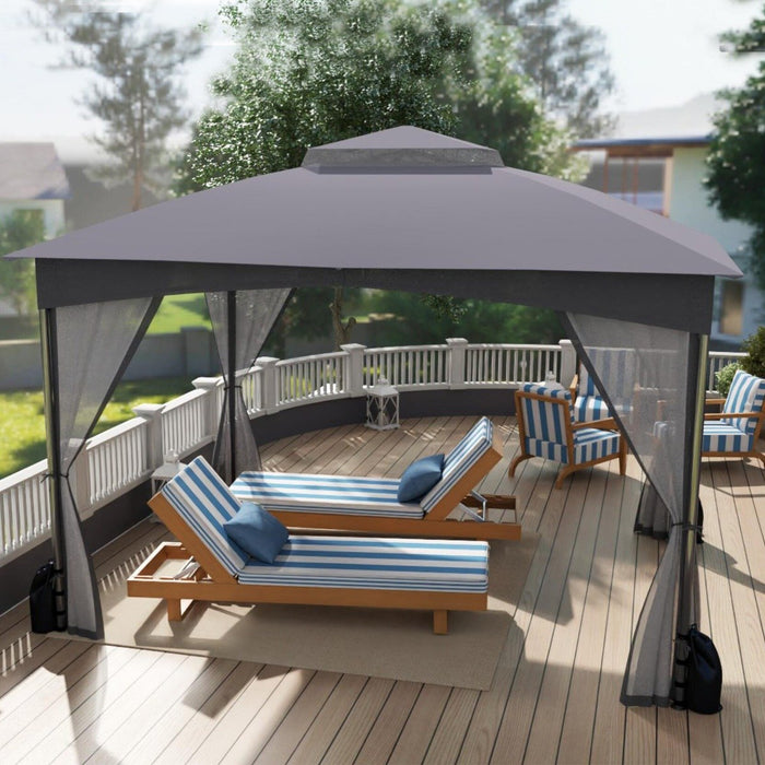 Patio Gazebo with Netting Walls Soft Top Double Roof Canopy with Sandbags-