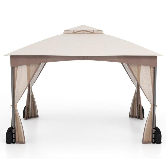 Patio Gazebo with Netting Walls Soft Top Double Roof Canopy with Sandbags-