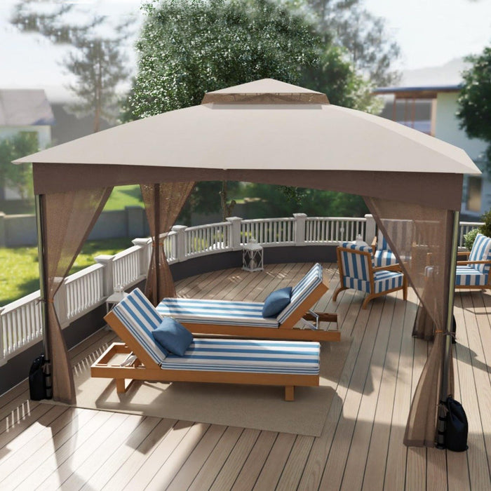 Patio Gazebo with Netting Walls Soft Top Double Roof Canopy with Sandbags-