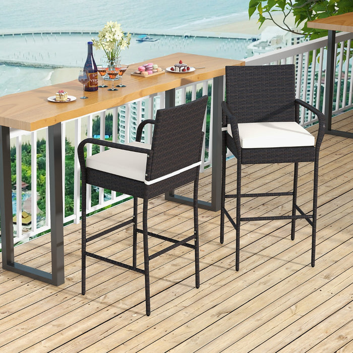 Patio Wicker - Set of 2 Barstools with Armrests and Soft Cushions - Ideal Outdoor Seating Solution