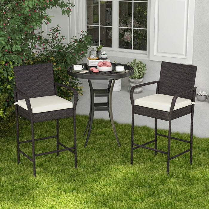 Patio Wicker - Set of 2 Barstools with Armrests and Soft Cushions - Ideal Outdoor Seating Solution