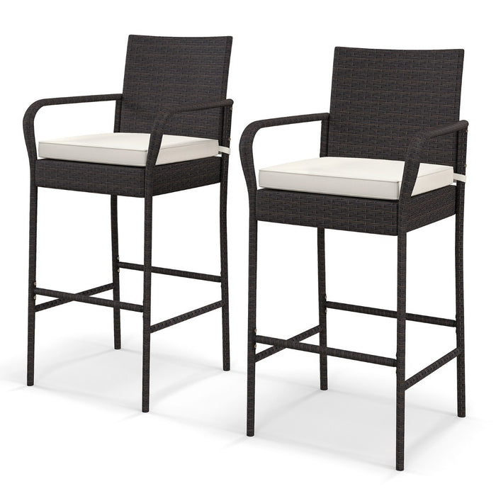 Patio Wicker - Set of 2 Barstools with Armrests and Soft Cushions - Ideal Outdoor Seating Solution
