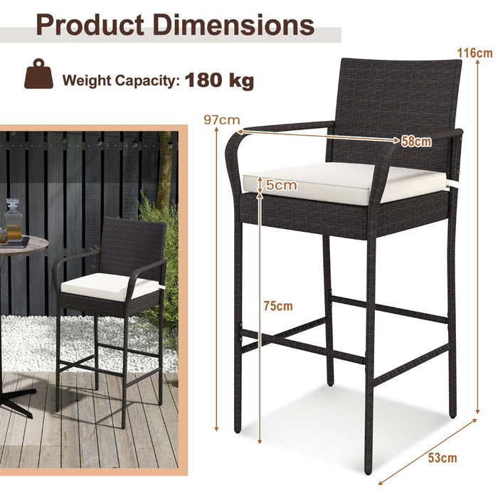Patio Wicker - Set of 2 Barstools with Armrests and Soft Cushions - Ideal Outdoor Seating Solution