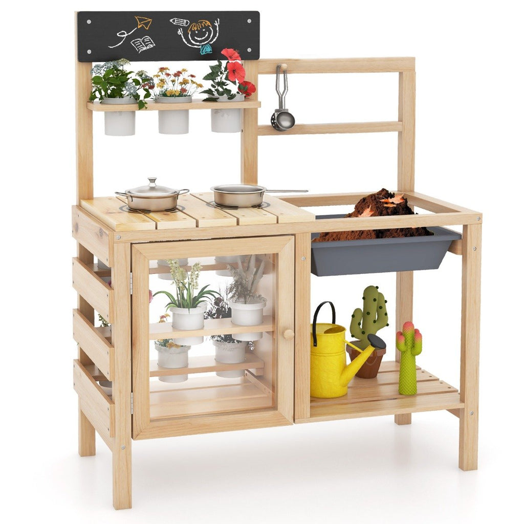 Patio Wooden Pretend Play Kitchen with Plants Observation Room for Kids Outdoor-