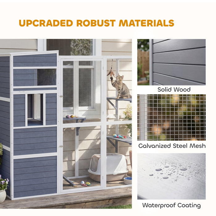 PawHut 4-Tier Wooden Catio Cat Outdoor Enclosure with Sun Roof, Resting Rooms, 3 Platforms, Window Outdoor Indoor, Grey