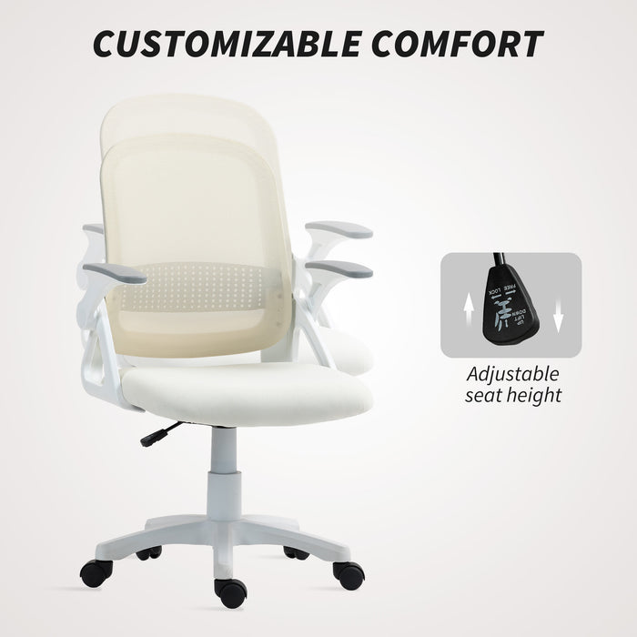 HOMCOM Breathable Mesh Office Chair, Ergonomic Swivel Computer Chair with Flip-up Armrests, Lumbar Back Support for Home/Office, White