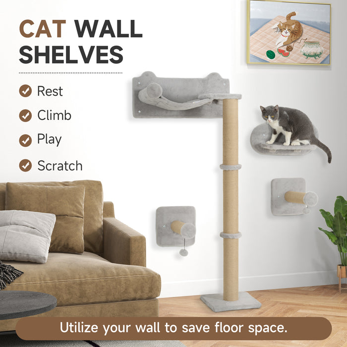 PawHut 4 Piece Cat Shelves w/ Scratching Post, Steps, Jumping Platform, Ladder, Toy Balls, for Indoor Cats, Light Grey | Aosom UK
