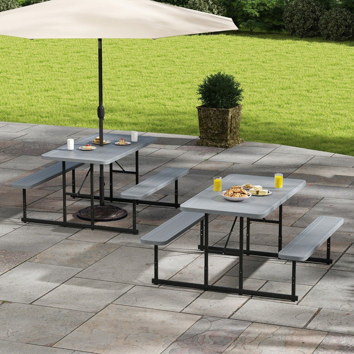 Outdoor Rectangular Camping Dining Table and 2 Benches with Umbrella Hole-Black