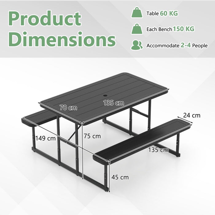 Outdoor Rectangular Camping Dining Table and 2 Benches with Umbrella Hole-Black