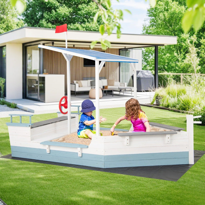 Pirate Ship Sandbox with Canopy with Flag Rudder Bench Seats-