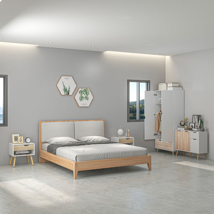 HOMCOM Bedroom Furniture Set, Wardrobe with Hanging Rod, Side Cabinet with wood legs , Bedside Table with Drawer, Nature Wood Finish and White | Aosom UK