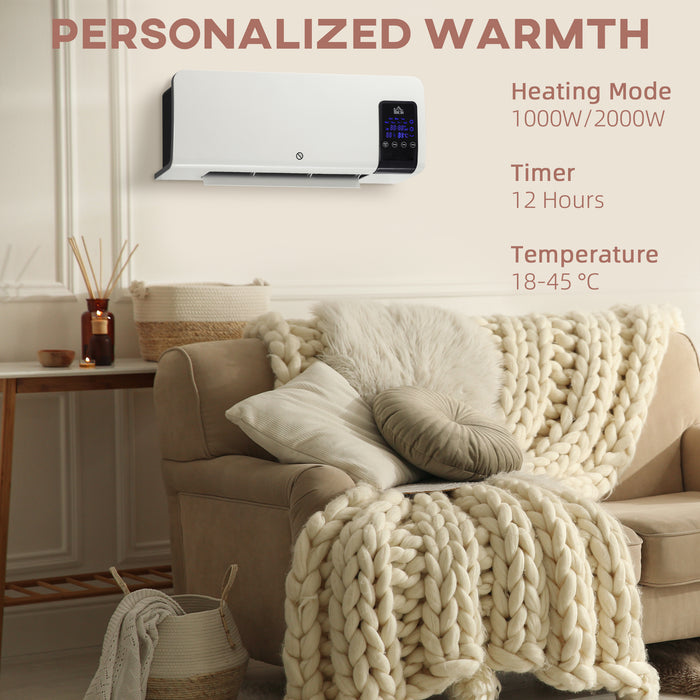HOMCOM Electric Heater, 2000W Wall Mounted Space Heater with Remote Control, 2 Modes, Timer, Oscillation, Overheat Protection, Ceramic Heater for Home, White