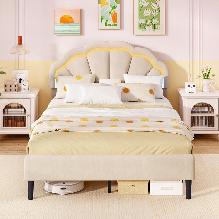 Platform Bed with Adjustable Petal Headboard and Wooden Slats Support-