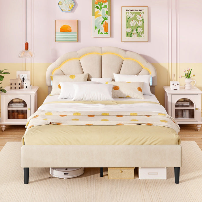 Platform Bed with Adjustable Petal Headboard and Wooden Slats Support-