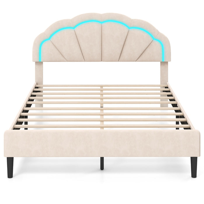 Platform Bed with Adjustable Petal Headboard and Wooden Slats Support-