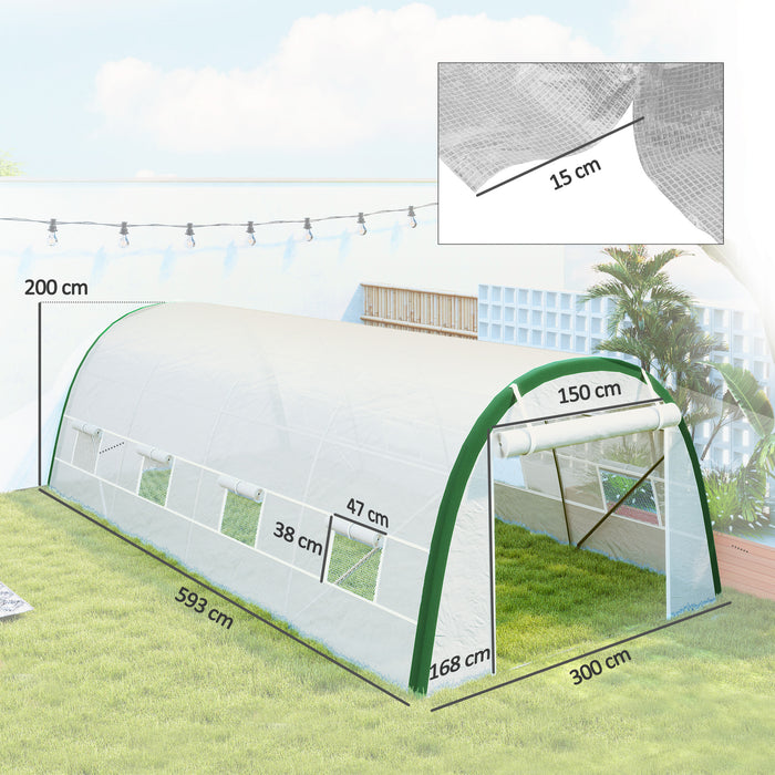 Outsunny Walk-in Polytunnel Greenhouse Tunnel Warm House Tent with Zipped Doors, 8 Mesh Windows, PE Cover, 6 x 3 m, White