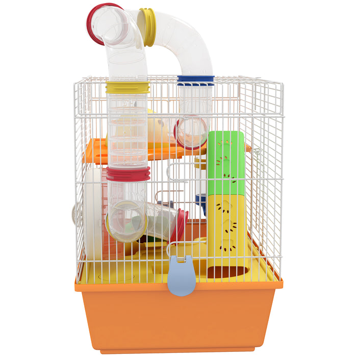 Trio-Tier Gerbil Haven - Spacious Hamster Cage with Fun Tubes and Exercise Wheel, Includes Ladder and Top Handle - Ideal Pet Home for Small Rodents, 45x28x37 cm, Vibrant Orange