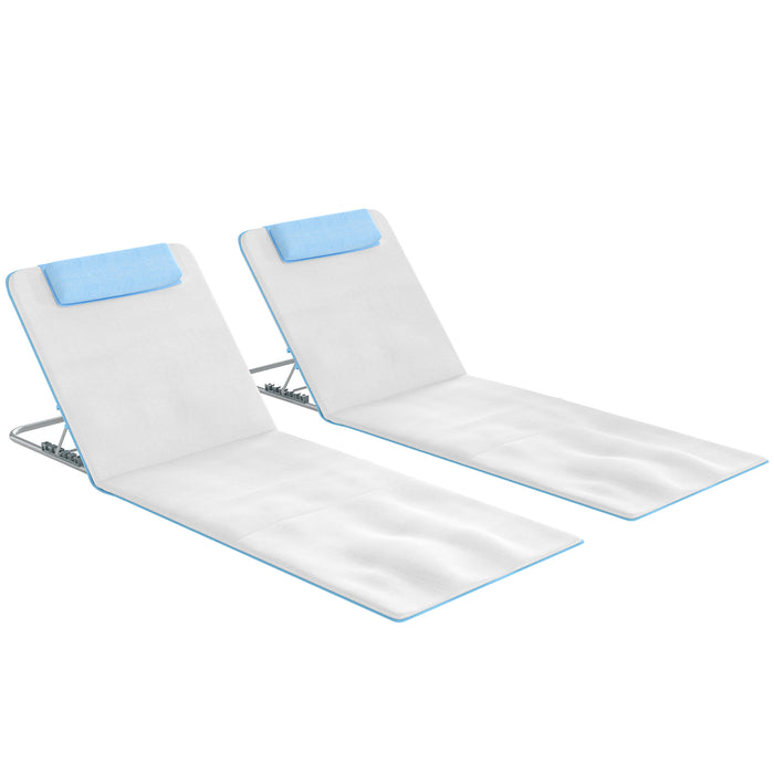 Outsunny Set of 2 Foldable Garden Beach Chair Mat, Lightweight Outdoor Sun Lounger Seats with Adjustable Back, Metal Frame, PE Fabric Head Pillow and Carry Bag, Cream White