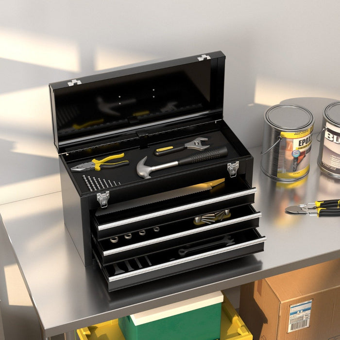 Portable Steel Tool Box with 3 Drawers and Top Storage Tray-