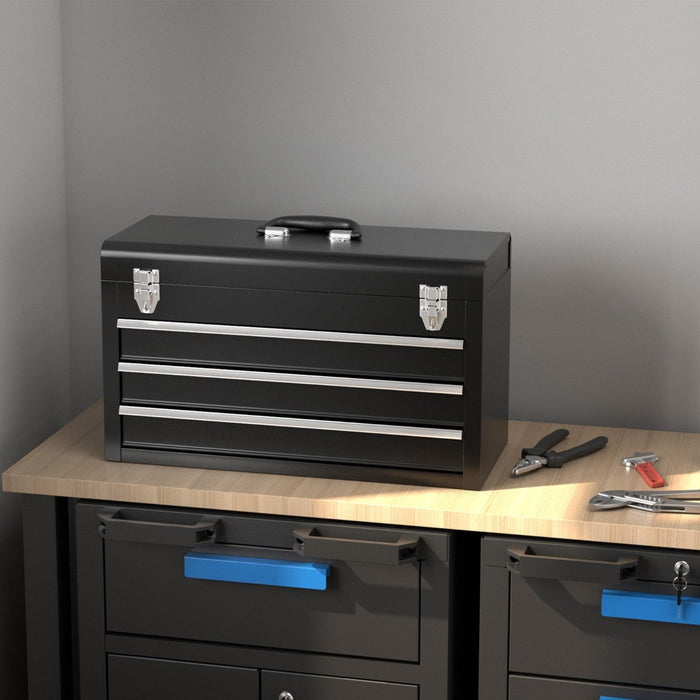 Portable Steel Tool Box with 3 Drawers and Top Storage Tray-
