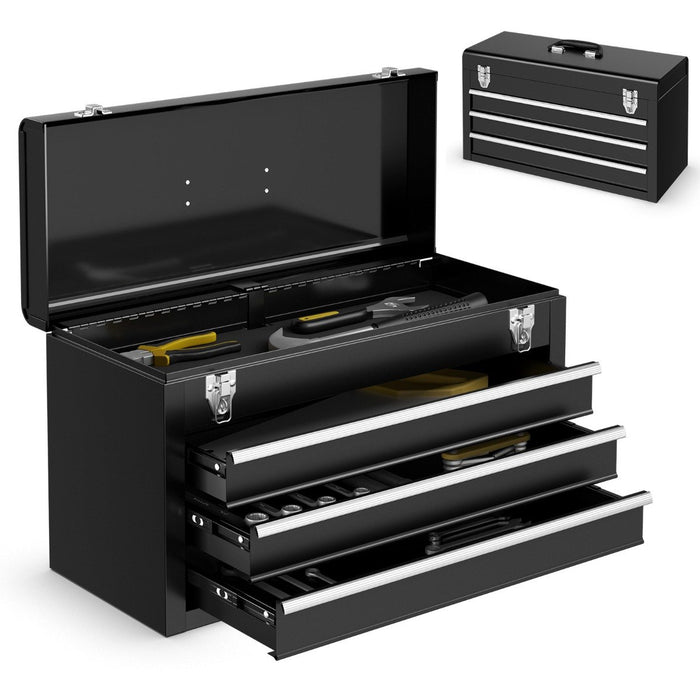 Portable Steel Tool Box with 3 Drawers and Top Storage Tray-