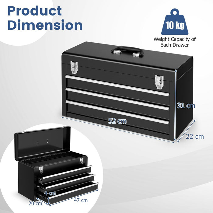 Portable Steel Tool Box with 3 Drawers and Top Storage Tray-