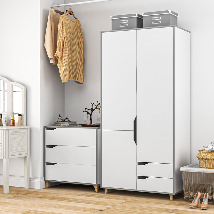 HOMCOM Bedroom Furniture Set, Wardrobe with Hanging Rail, 3 Drawer Chest of Drawers with Cut-out Handles, Grey and White | Aosom UK