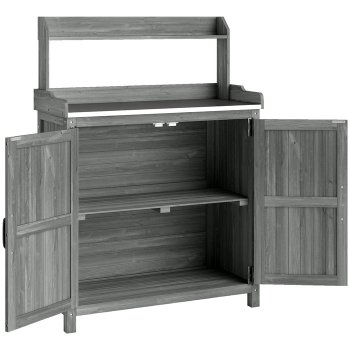 Outsunny Wooden Potting Bench Table with Aluminium Worktop, Outdoor Garden Workbench with Top Shelf and Cabinet Storage