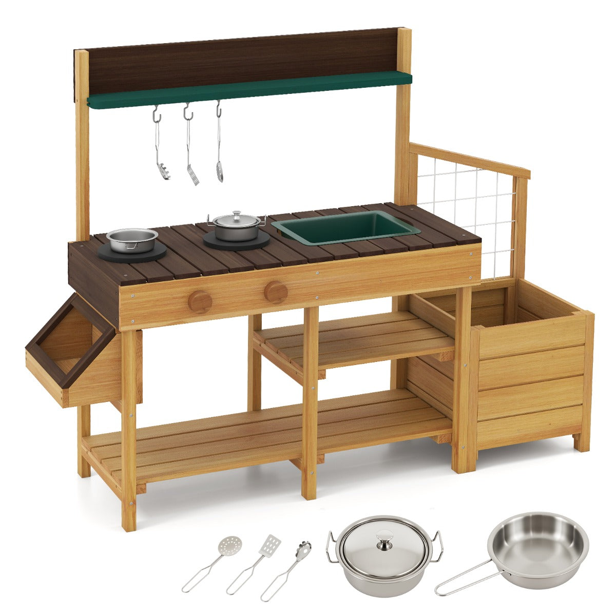 Pretend Mud Kitchen Play Kitchen with Removable Sink and Planter Boxes-