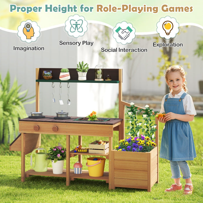 Pretend Mud Kitchen Play Kitchen with Removable Sink and Planter Boxes-