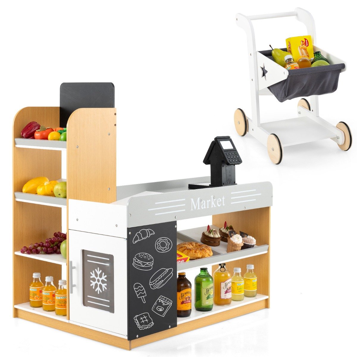 Pretend Play Grocery Store Set with Shopping Cart and 2 Chalkboards-