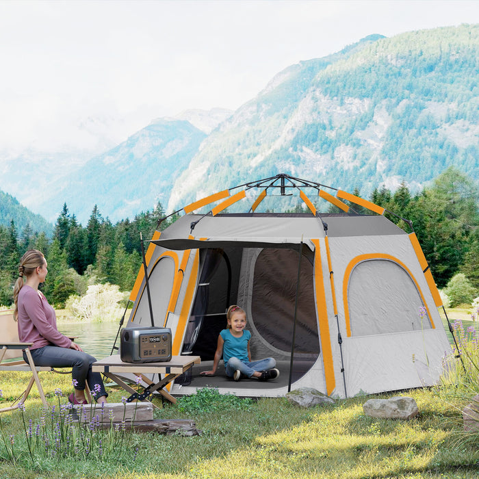 Outsunny Instant Camping Tent, 2/3/4 Person Easy Setup Family Tent with Vestibule, Rainfly, 4 Mesh Windows & 2 Doors, Hexagonal Design, Waterproof UV Protected Dome Tent, Light Grey
