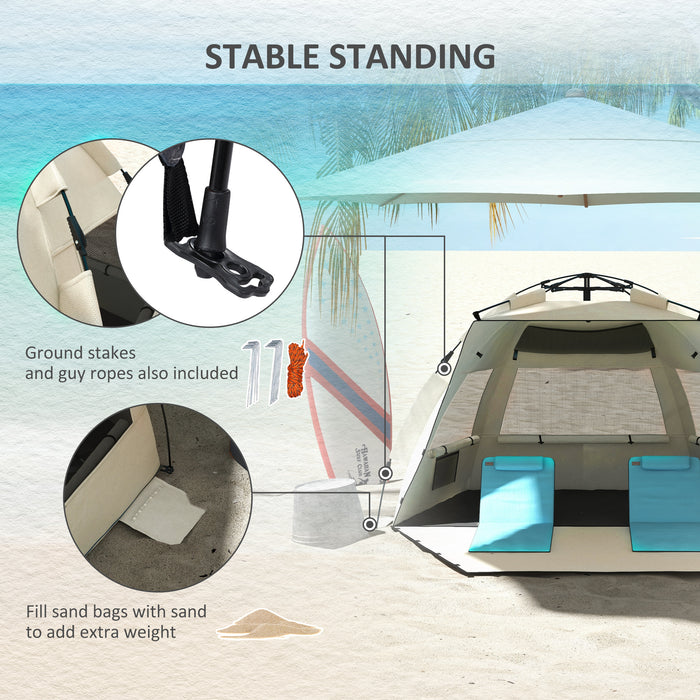 Pop-Up Beach Tent for 2-3 People - UPF 15+ Sun Protection, Extended Floor, Mesh Windows, Sandbag Anchors - Ideal for Sun Shelter and Outdoor Activities