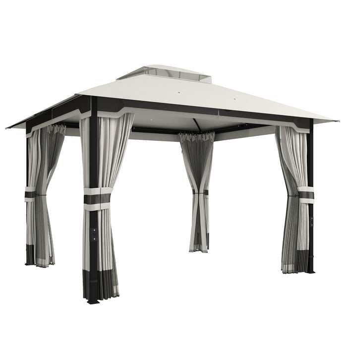 Outsunny 3 x 3.6 m Outdoor Garden Gazebo with Netting and Curtains, Double Roof Patio Gazebo Permanent Pavilion, Light Grey